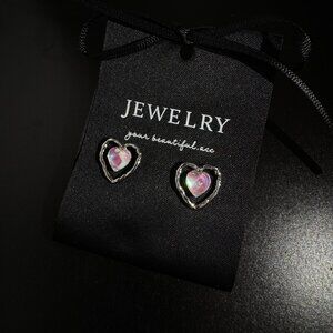 Iridescent Pink Heart Stud Earrings | Silver Plated Romantic Jewelry